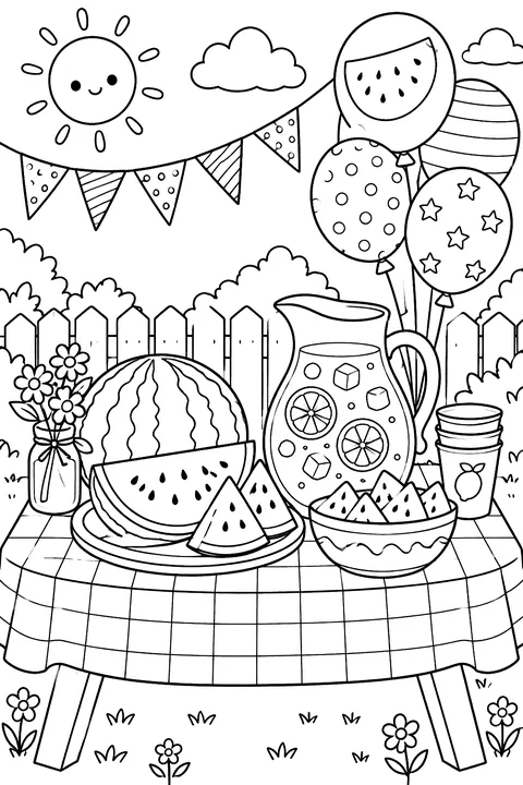 a summer party table with watermelon, lemonade and balloons coloring page