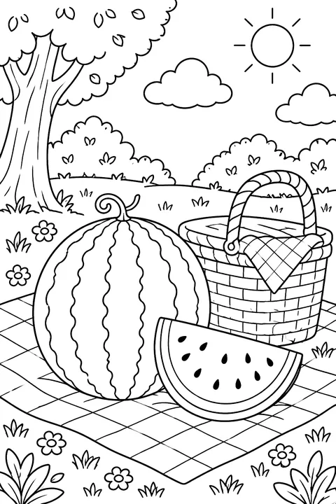 a watermelon on a picnic blanket in a park with a basket coloring page