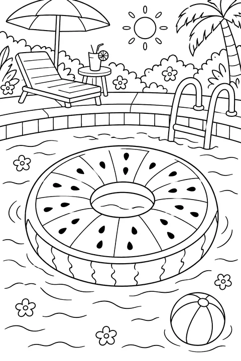 a watermelon pool float in a swimming pool coloring page