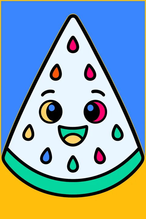 a watermelon slice with seeds and a happy face coloring page
