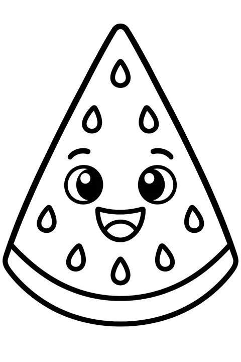 a watermelon slice with seeds and a happy face coloring page