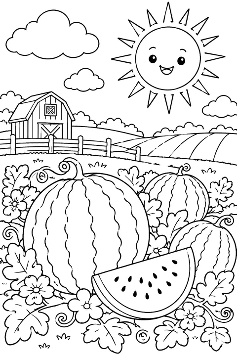 a smiling sun over a watermelon field coloring page