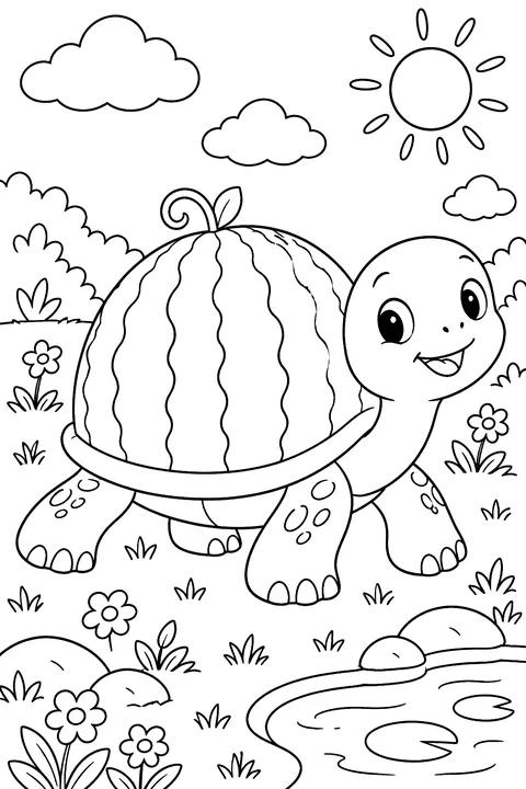 a turtle with a watermelon shell coloring page