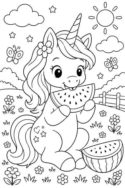 a unicorn eating watermelon in a meadow coloring page