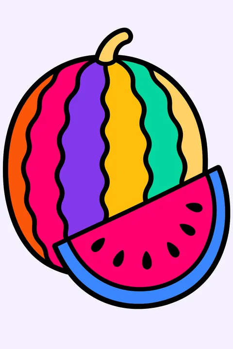 a whole striped watermelon with a slice cut out coloring page