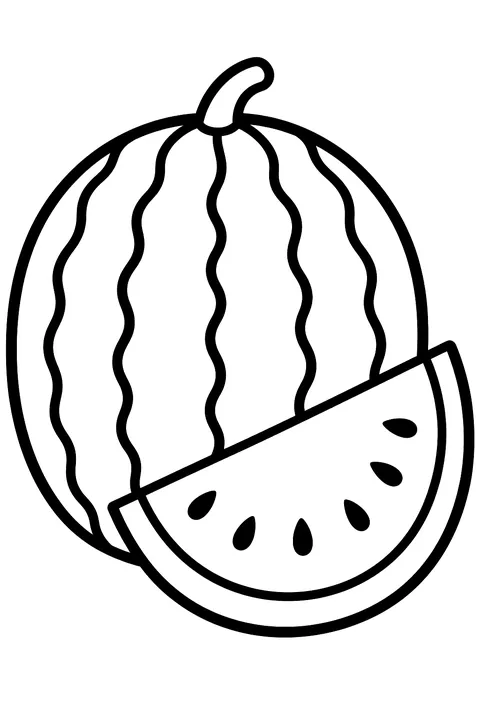 a whole striped watermelon with a slice cut out coloring page