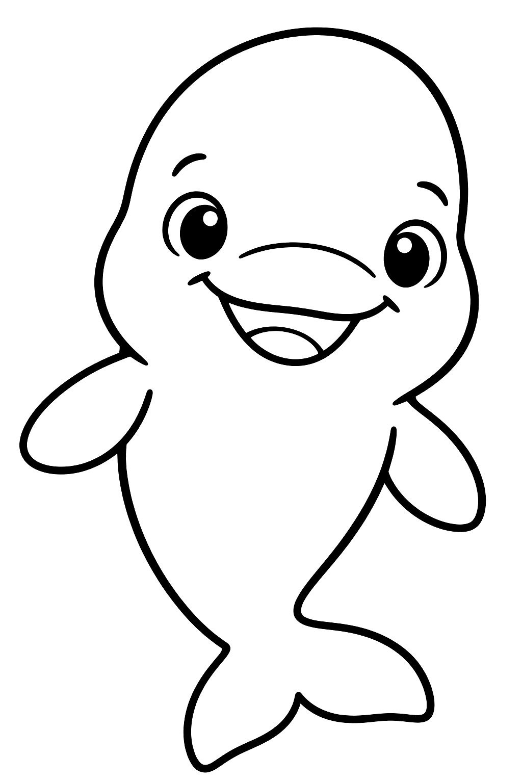 Beluga whale smiling with its round head and tiny flippers coloring page