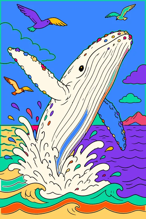 Humpback whale breaching out of the ocean with splashing waves and seagulls coloring page