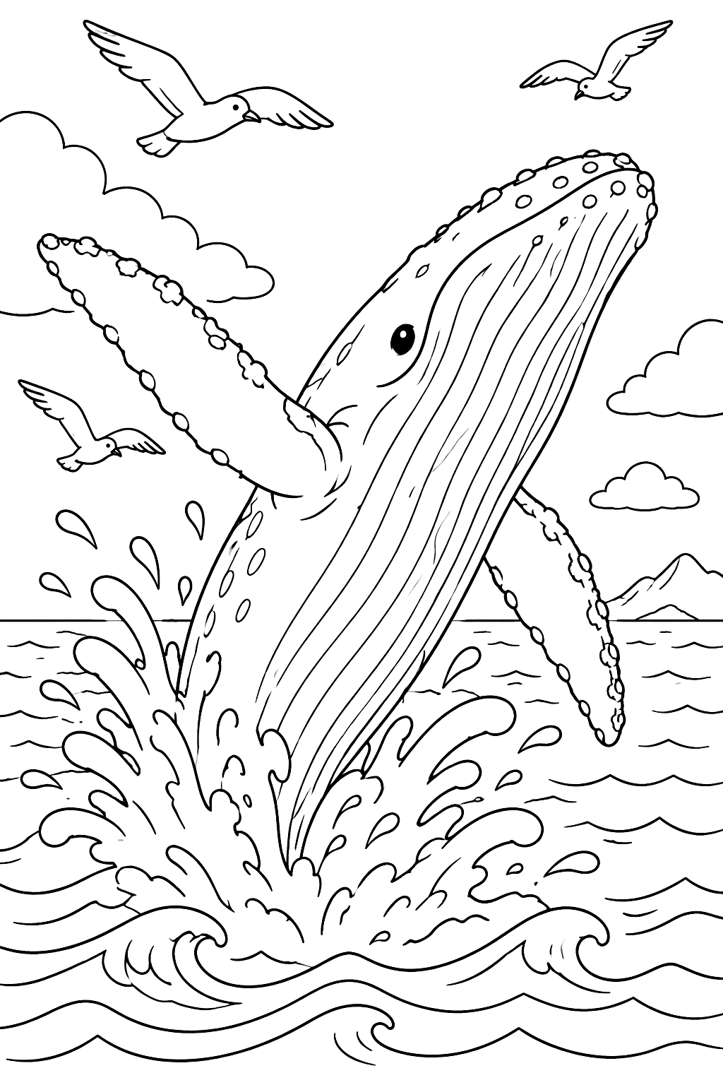 Humpback whale breaching out of the ocean with splashing waves and seagulls coloring page