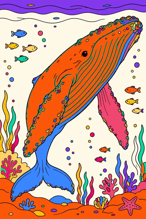 Humpback whale realistic portrait with throat grooves, long flippers and barnacles coloring page