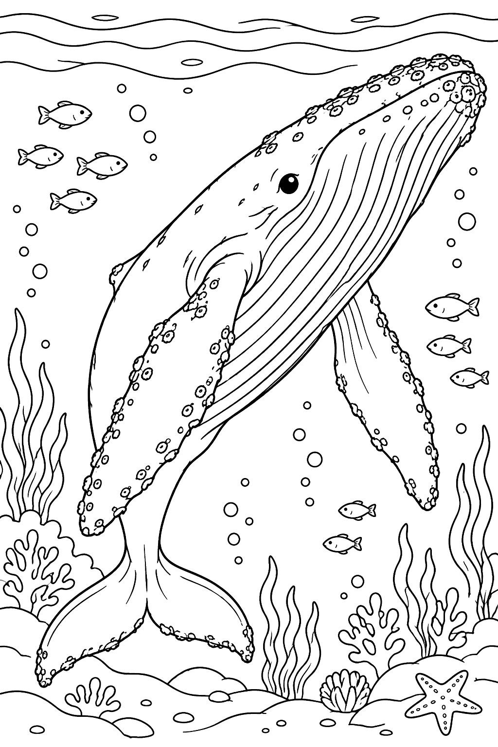 Humpback whale realistic portrait with throat grooves, long flippers and barnacles coloring page