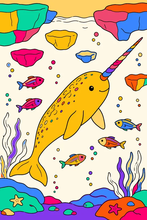 Narwhal swimming under arctic ice with a long spiral tusk and fish coloring page