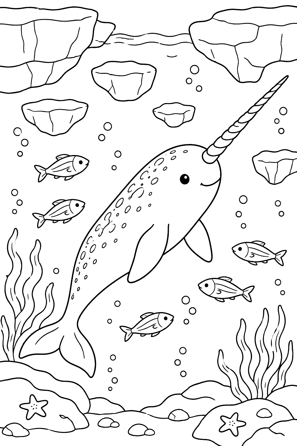 Narwhal swimming under arctic ice with a long spiral tusk and fish coloring page