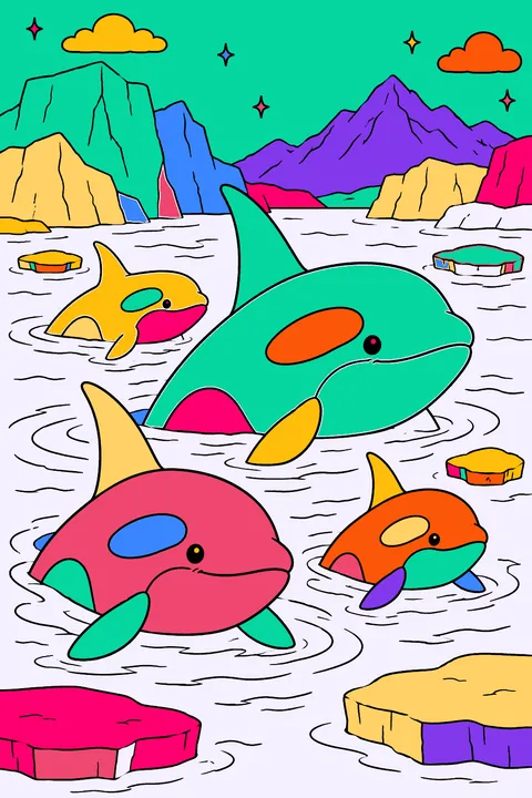 Orca pod swimming together in icy water near floating icebergs coloring page