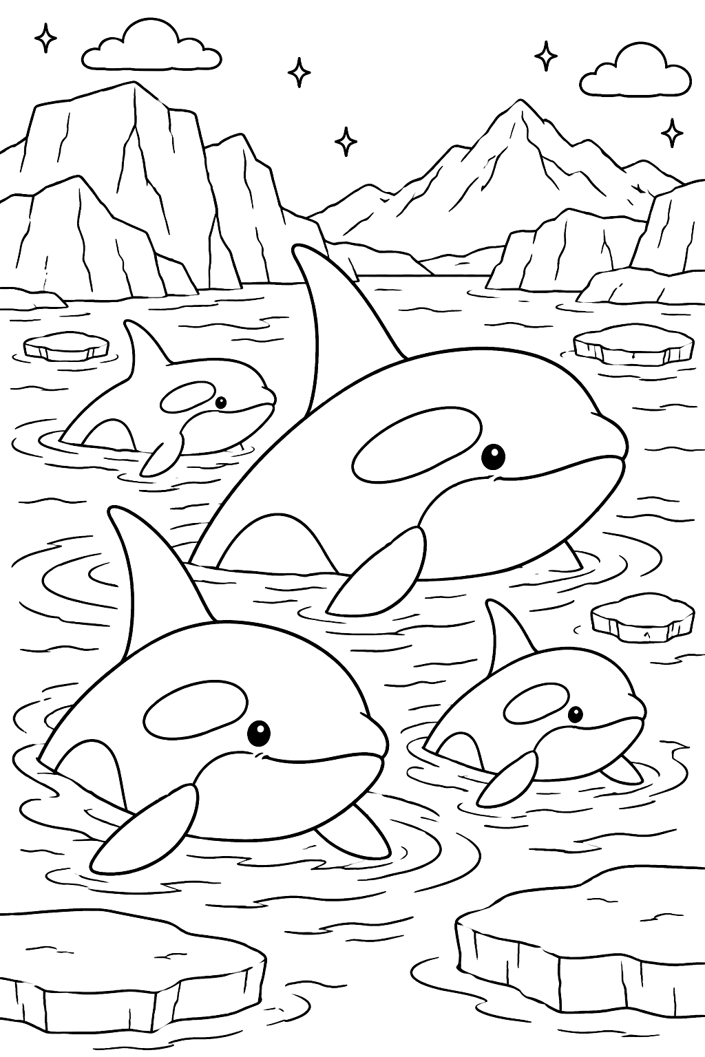 Orca pod swimming together in icy water near floating icebergs coloring page