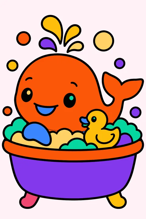 Whale relaxing in a bubble bath with a rubber duck coloring page