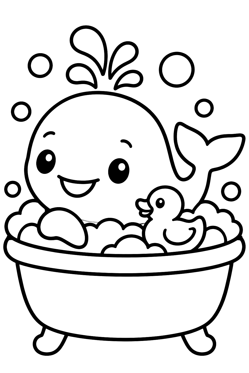 Whale relaxing in a bubble bath with a rubber duck coloring page