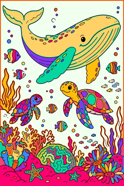 Whale swimming above a coral reef with sea turtles and fish coloring page