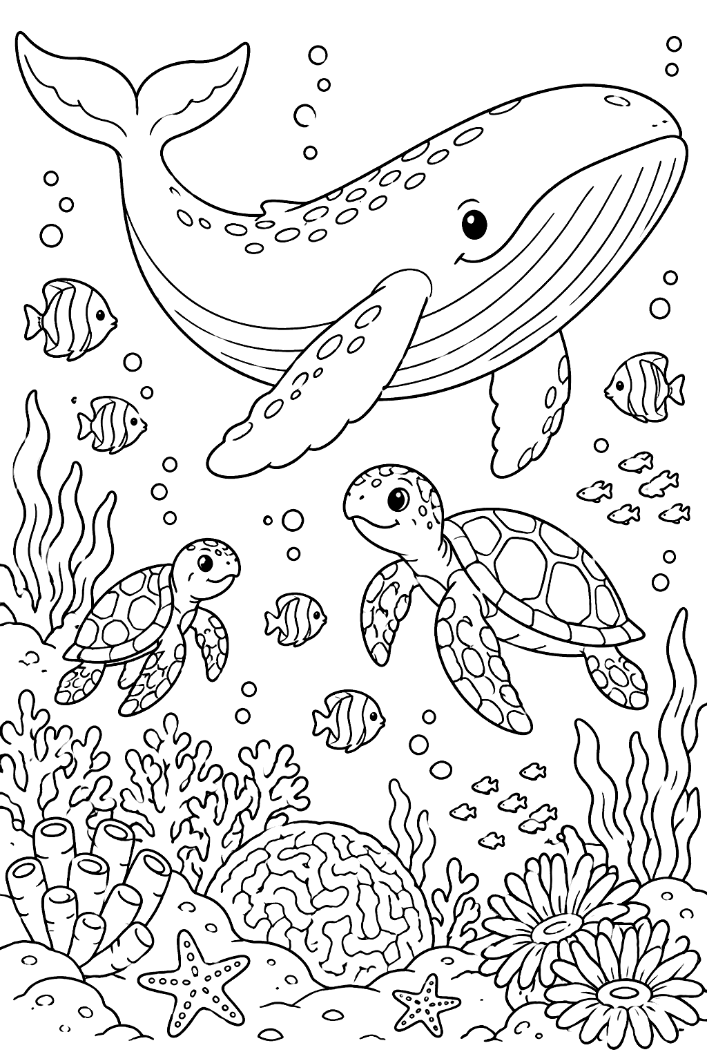 Whale swimming above a coral reef with sea turtles and fish coloring page