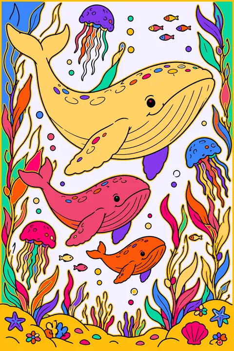 Whale family of three swimming through kelp with jellyfish nearby coloring page