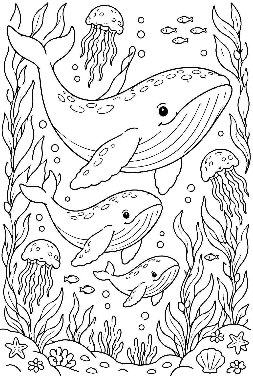 Whale family of three swimming through kelp with jellyfish nearby coloring page