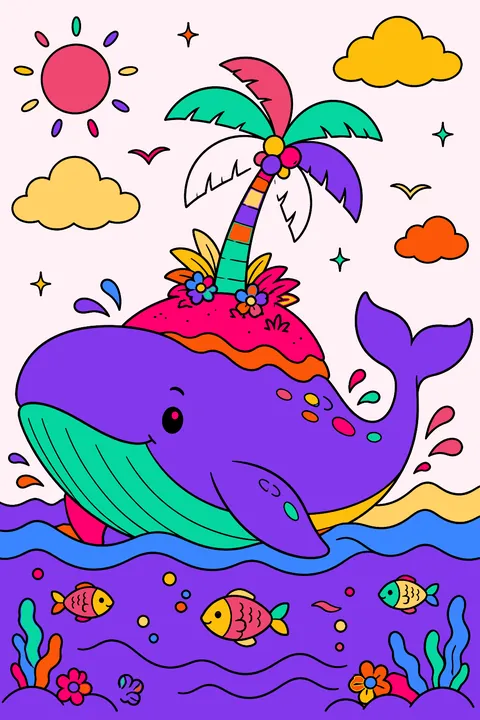 Whale carrying a tiny island with a palm tree on its back coloring page