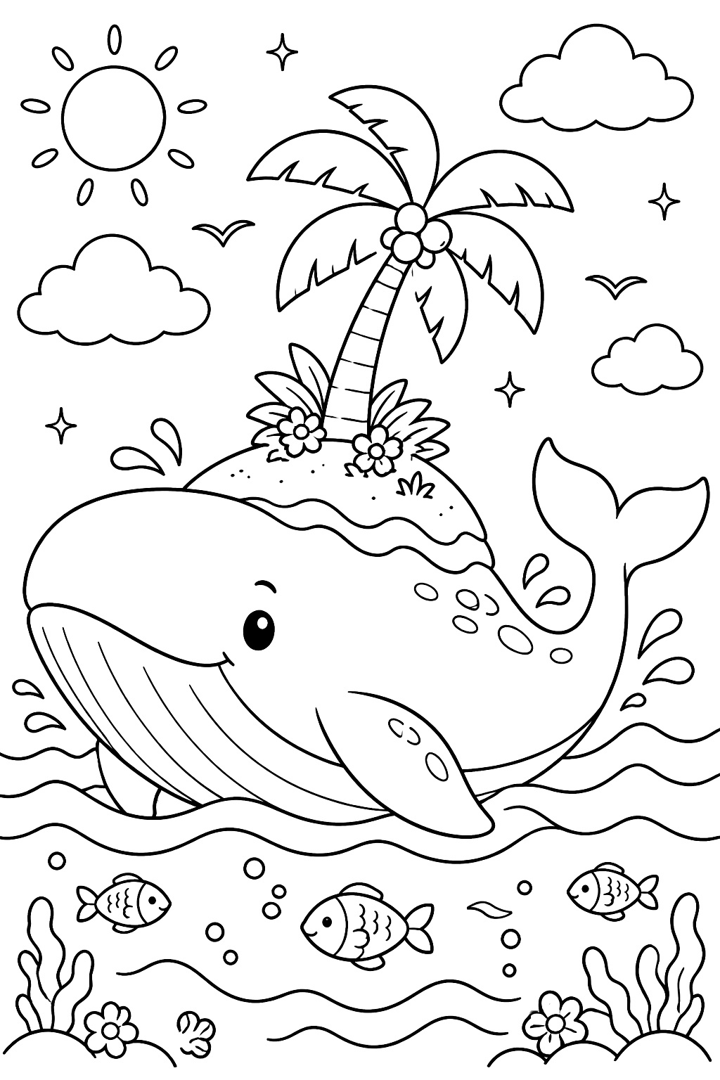 Whale carrying a tiny island with a palm tree on its back coloring page