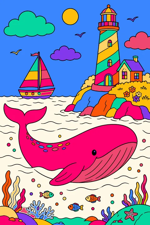 Whale swimming past a lighthouse on a rocky shore with a sailboat coloring page