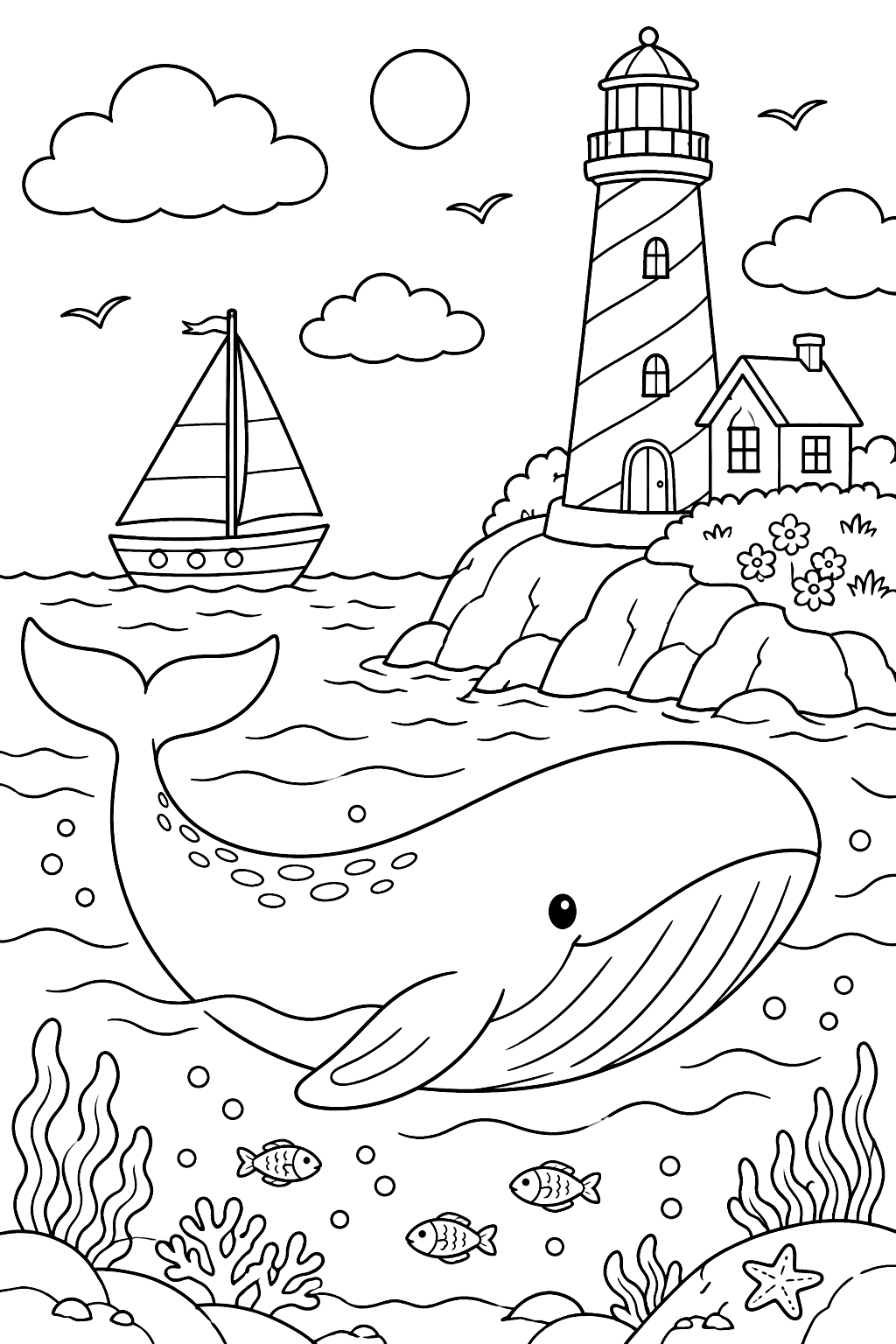 Whale swimming past a lighthouse on a rocky shore with a sailboat coloring page