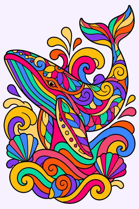Whale mandala with an ornate whale surrounded by waves, shells and swirls coloring page