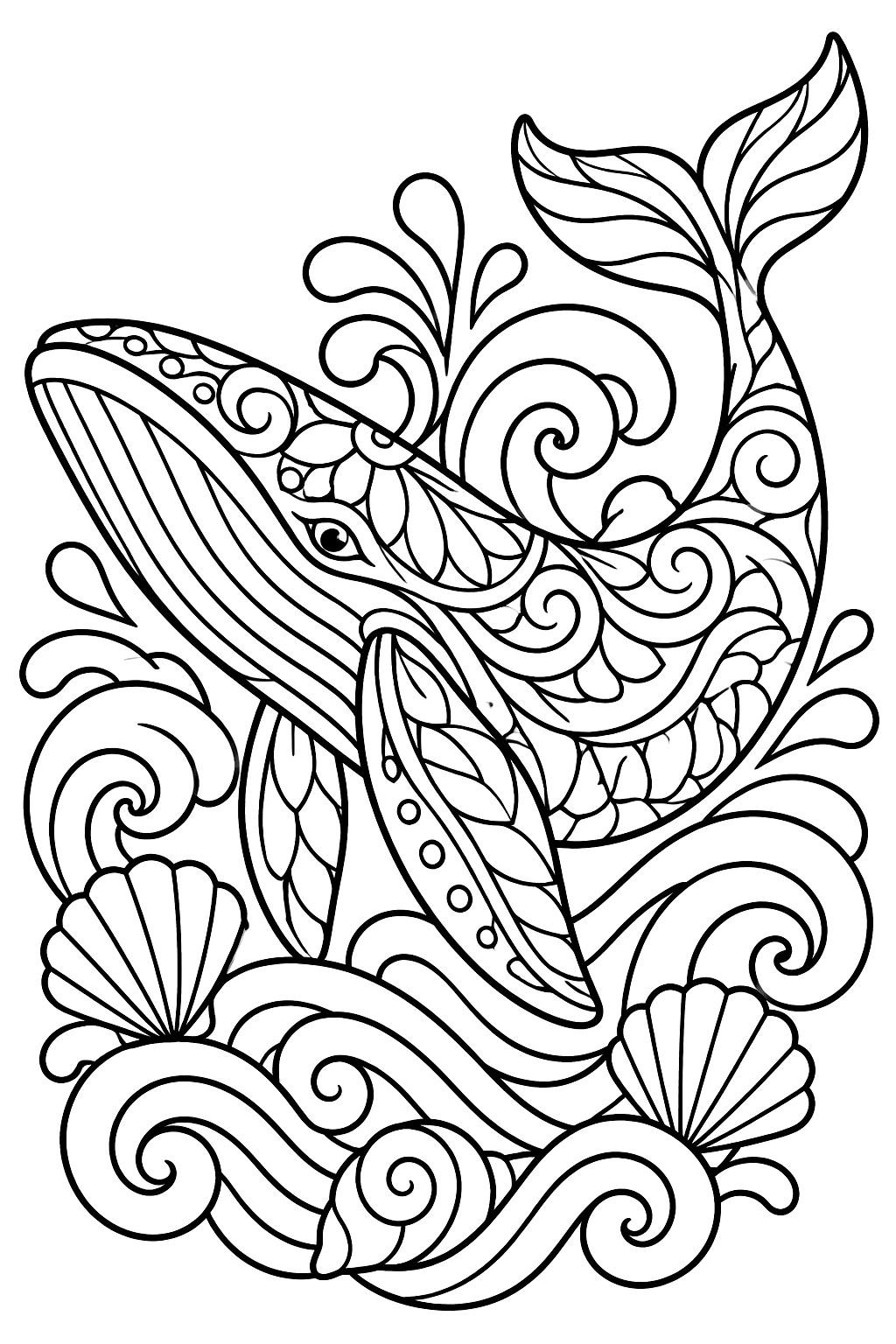 Whale mandala with an ornate whale surrounded by waves, shells and swirls coloring page