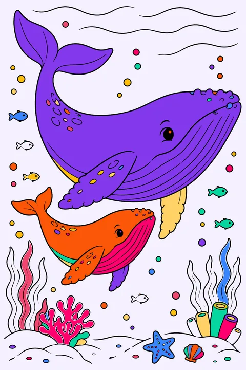 Whale mother and calf swimming side by side through the deep sea coloring page