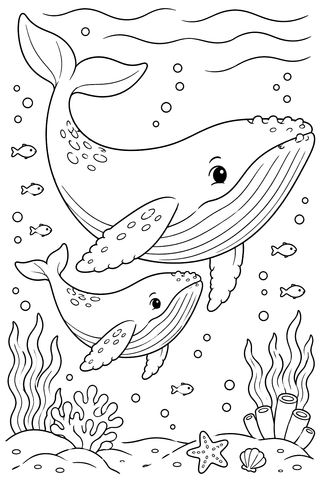 Whale mother and calf swimming side by side through the deep sea coloring page