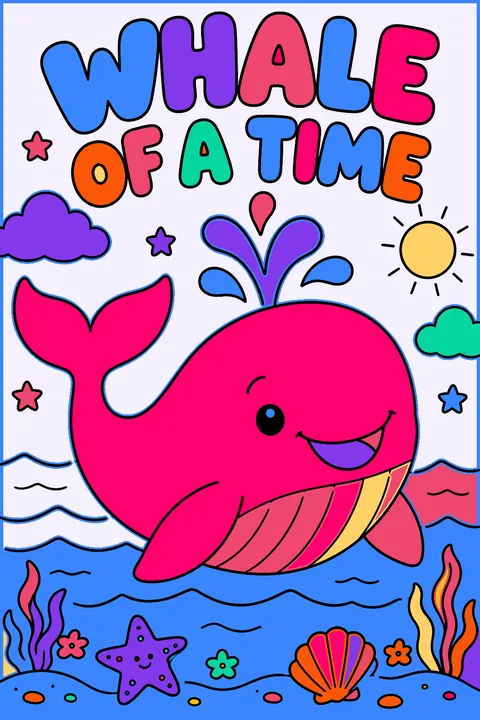 Whale of a time written in big bubble letters above a smiling whale coloring page