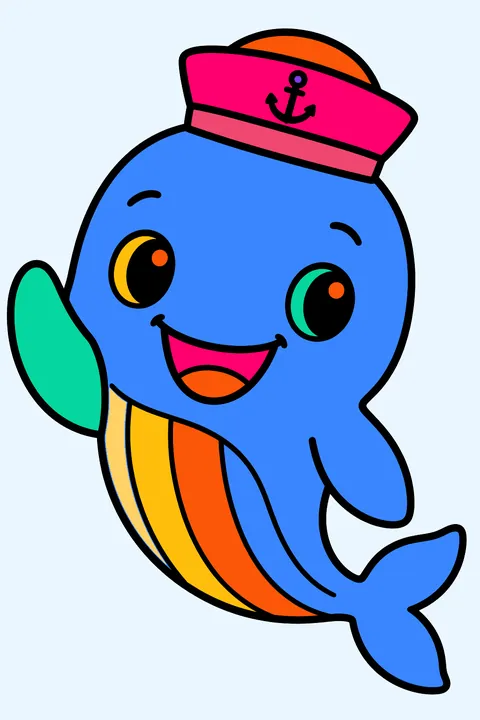 Whale wearing a sailor hat and waving a fin hello coloring page