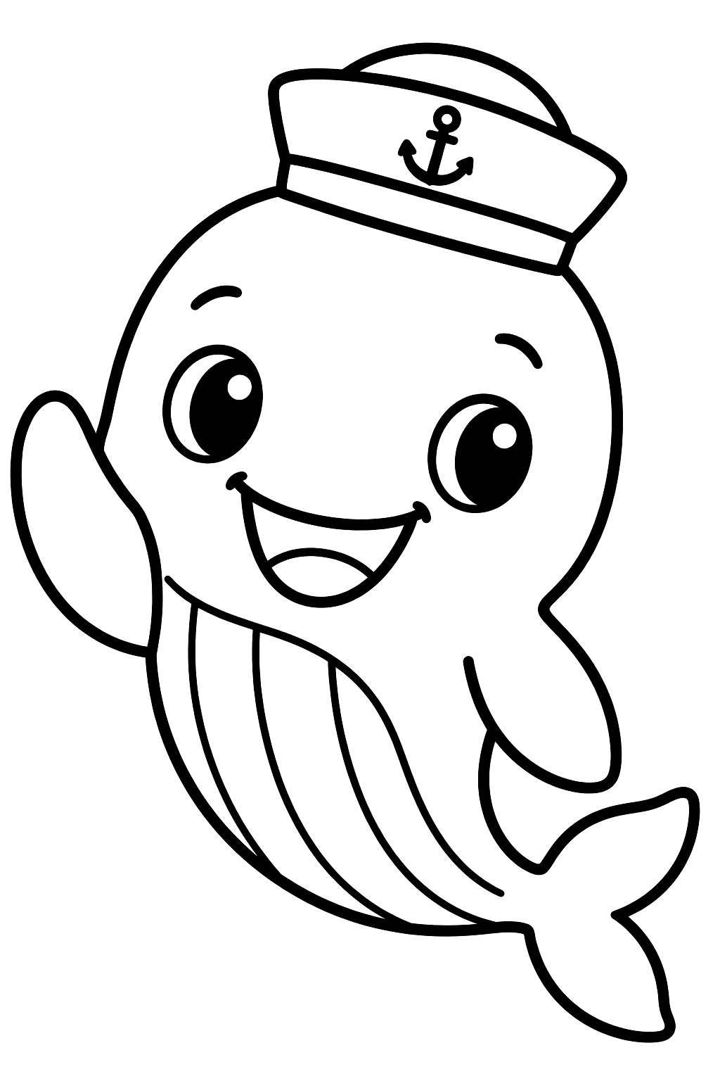 Whale wearing a sailor hat and waving a fin hello coloring page