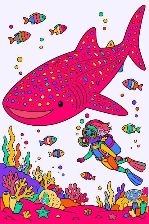 Whale shark gliding beside a scuba diver and small fish coloring page
