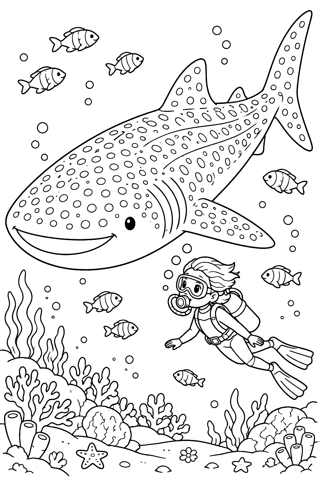 Whale shark gliding beside a scuba diver and small fish coloring page