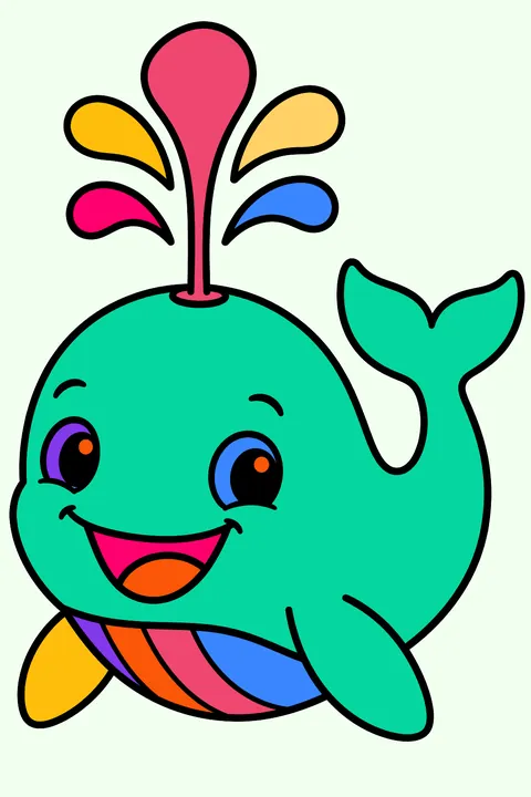 Whale spouting water from its blowhole with a big smile coloring page