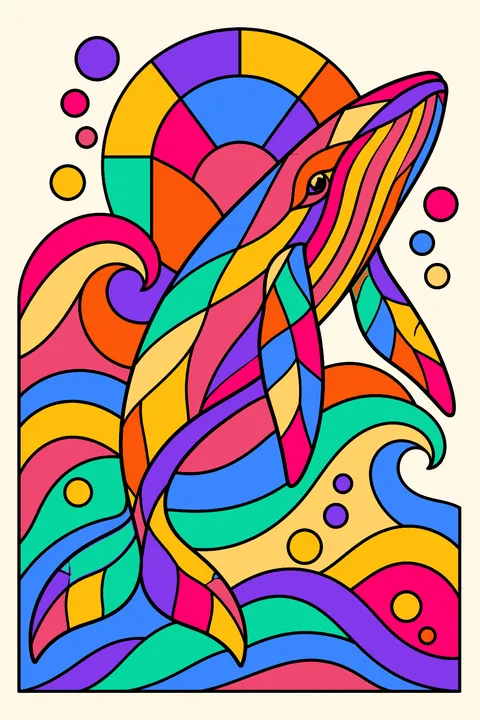 Whale and waves in a stained glass design with geometric panes and bubbles coloring page