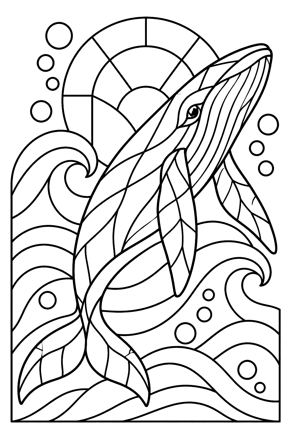 Whale and waves in a stained glass design with geometric panes and bubbles coloring page