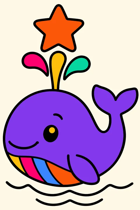 Whale floating calmly with a big star above its spout coloring page