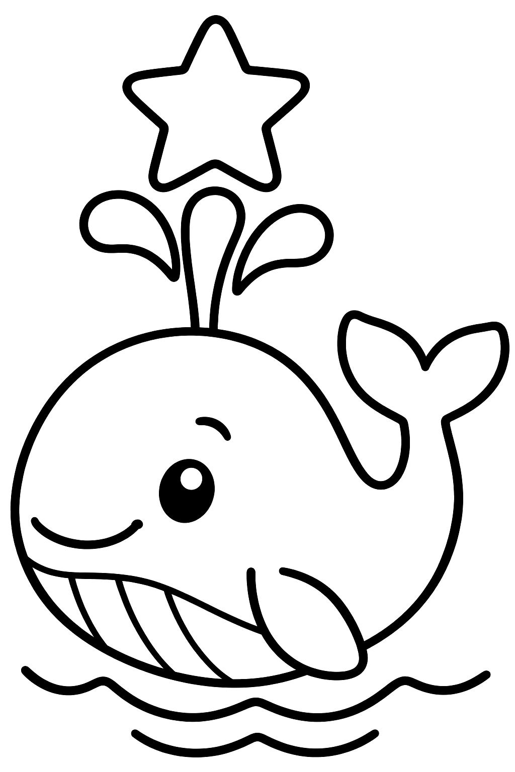 Whale floating calmly with a big star above its spout coloring page