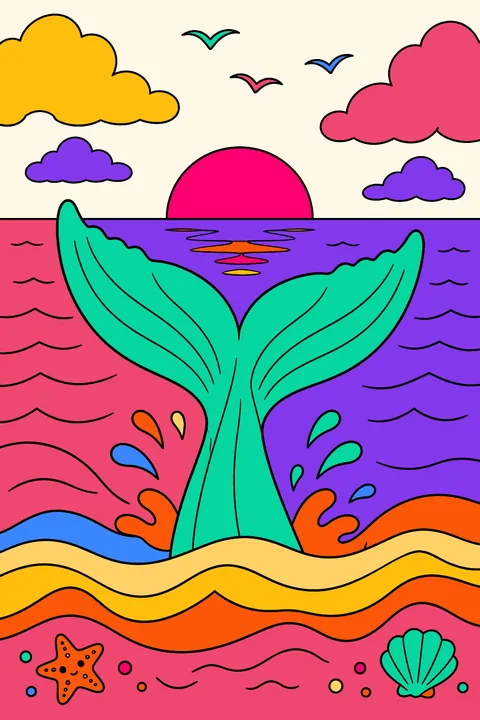 Whale tail rising above the ocean waves at sunset with clouds coloring page