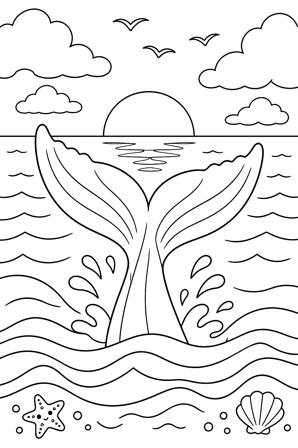 Whale tail rising above the ocean waves at sunset with clouds coloring page