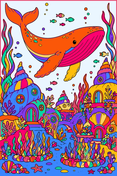 Whale swimming past an underwater city of shell houses and seaweed gardens coloring page