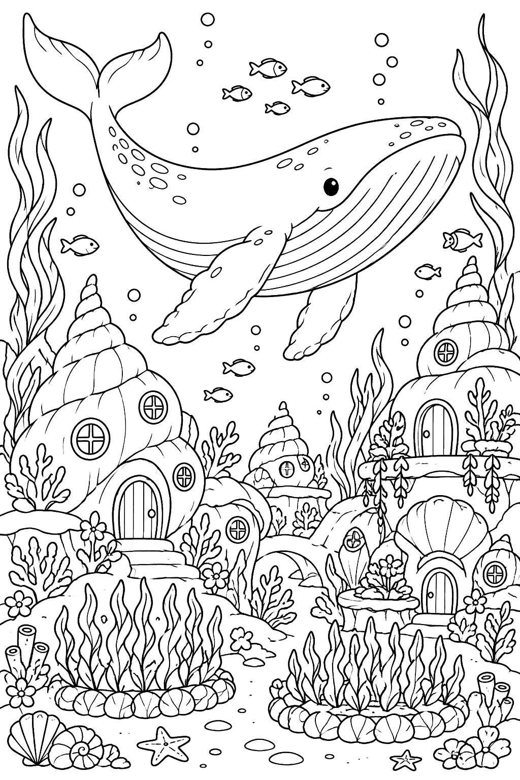 Whale swimming past an underwater city of shell houses and seaweed gardens coloring page