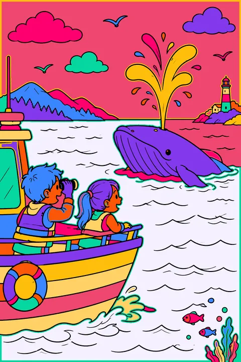 Whale watching boat with two kids looking at a whale spouting nearby coloring page