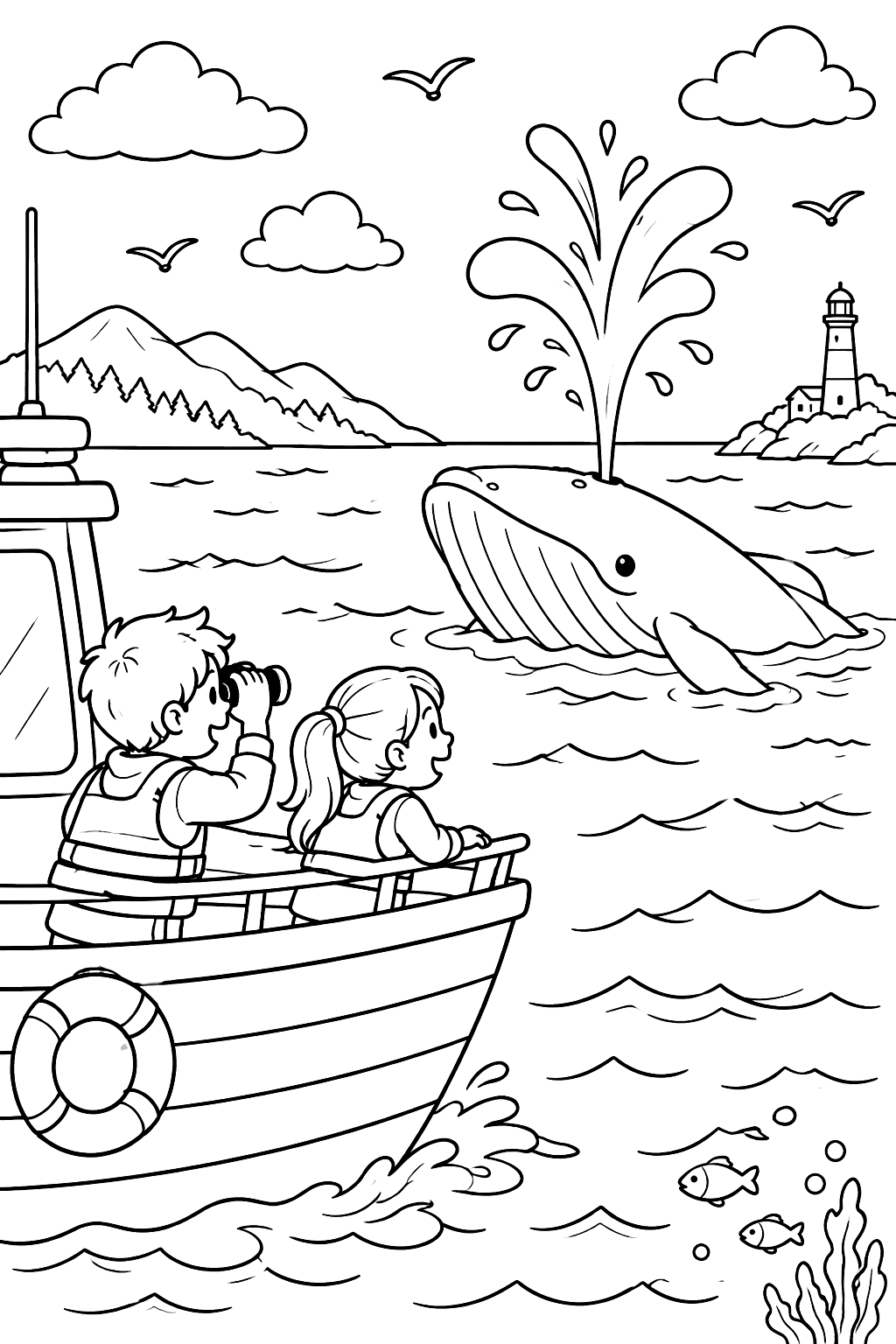 Whale watching boat with two kids looking at a whale spouting nearby coloring page