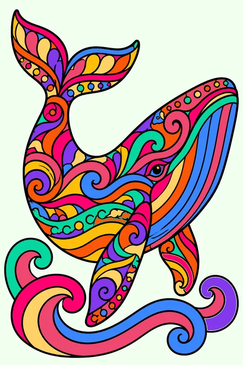 Whale filled with intricate zentangle patterns, waves, dots and ornate swirls coloring page
